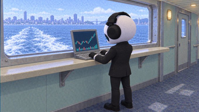A 3D-rendered panda character wearing a black suit and headphones stands at a counter on a boat, looking at a laptop displaying a stock chart with a city skyline visible through the window.