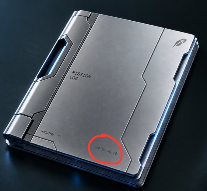 A futuristic metallic device labeled 'MISSION LOG' with 'HOUSTON, TX' and a date '09.29-30.26' circled in red.