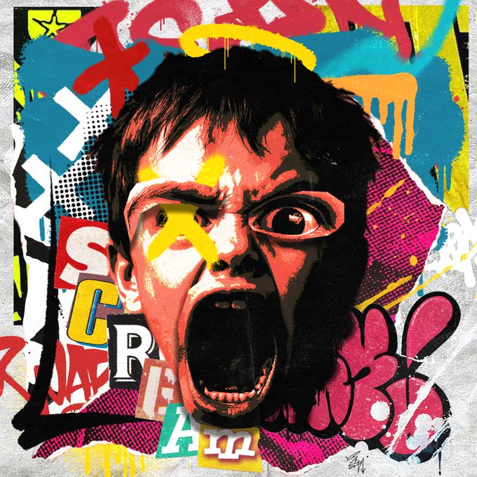 A vibrant pop art style illustration of a screaming face surrounded by graffiti elements including paint splatters, halos, and scattered letters.