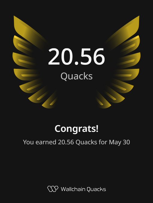 This image focuses on a logo for the website Wallchain Quacks which features an award, possibly related to the number 20.56 quacks, with gold wings around it. The text reads "Congratulations! You earned 20.55 quacks for today what keeps me interested in @wallchain isn' t the daily number it' s watching how small signals accumulate over time one post rarely changes anything but hundreds of posts, ideas, conversations, and interactions start creating a reputation layer that didn't". The content is organized to emphasize its importance and the impact of small actions or decisions.