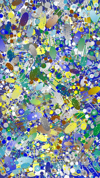An abstract digital artwork features a chaotic composition of colorful shapes, including circles, dots, and splatters in shades of blue, yellow, green, and white.