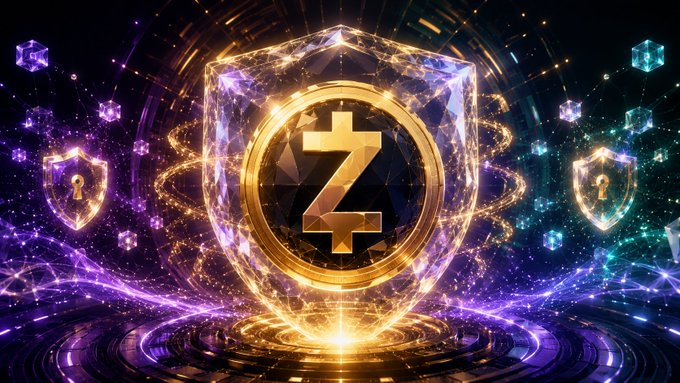 A digital artwork featuring a glowing golden 'Z' symbol (resembling Zcash cryptocurrency) set within a shield, surrounded by purple energy and floating smaller shield icons.
