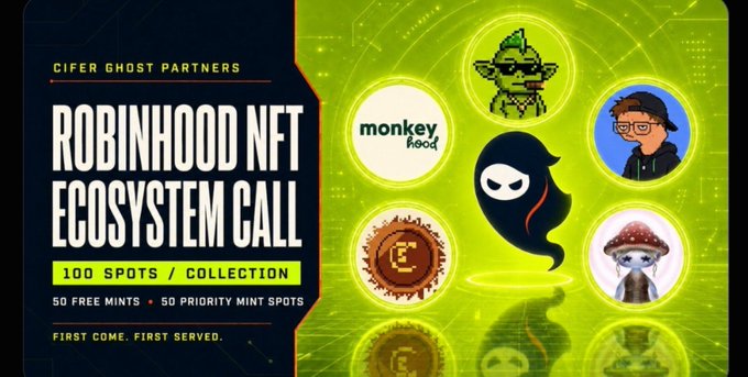 A graphic for "CIFER GHOST PARTNERS ROBINHOOD NFT ECOSYSTEM CALL" with "100 SPOTS / COLLECTION" and "50 FREE MINTS • 50 PRIORITY MINT SPOTS," featuring circular NFT character icons on a green background.