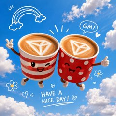 A cheerful illustration of two anthropomorphized coffee cups (one in red/white stripes, one with polka dots) against a blue sky with clouds, featuring the text 'HAVE A NICE DAY!' and 'GM!'