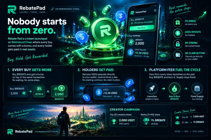 A dark green-and-black promotional graphic for “RebatePad” on the Robinhood Chain, showing a glowing “R” token and phone interface. Key text includes “Nobody starts from zero,” “Buy. Hold. Get Rewarded,” “Every buy gets more,” “Holders get paid,” “Platform fees fuel the cycle,” “Buy REBATE 2,000,” “+ 3% bonus,” and “2,060 $REBATE.”