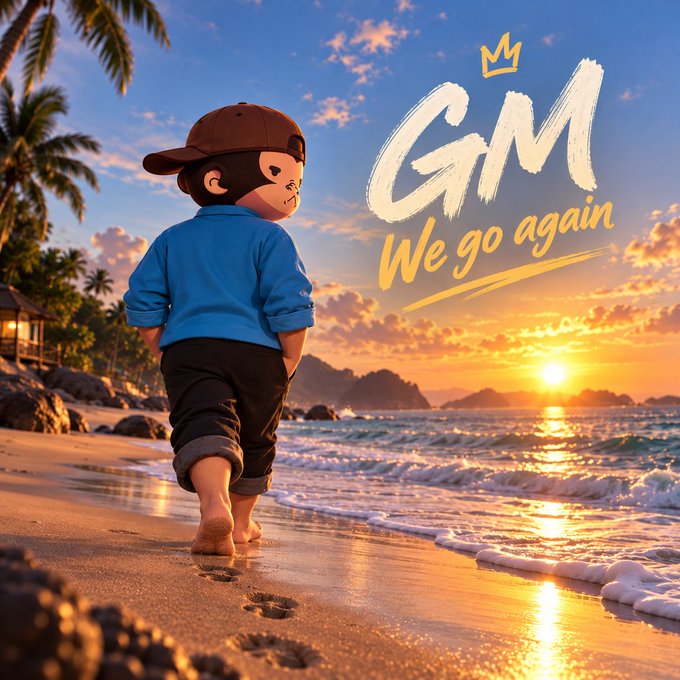 A cartoon character wearing a brown cap and blue jacket walks barefoot along a sunset beach, with footprints trailing in the sand. The text "GM We go again" appears in bold yellow brushstroke lettering with a small crown above it, perfectly echoing the post's "Going again today? Gm!" message.