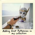 A Twitter/X post showing a hand holding a Funko Pop figure with the caption 'Adding first Dythonian to my collection'.