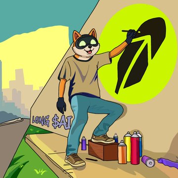 An illustration depicts a character in a cat mask spray painting a graffiti design on a wall, with spray paint cans at their feet and the text 'LONG SKT' nearby.