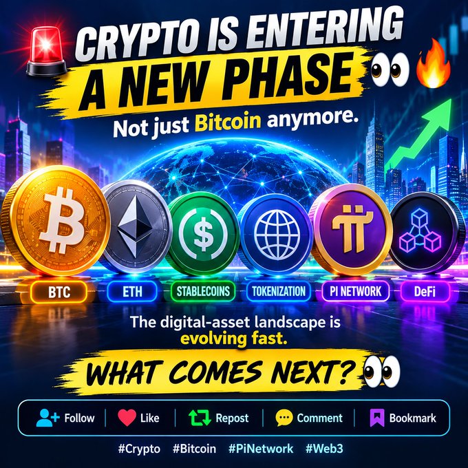 A vibrant cryptocurrency promotional graphic with the text 'CRYPTO IS ENTERING A NEW PHASE' showing coins for BTC, ETH, STABLECOINS, TOKENIZATION, PI NETWORK, and DeFi with hashtags #Crypto #Bitcoin #PiNetwork #Web3.