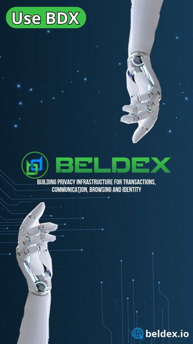 A promotional graphic for Beldex (BDX) features two white robotic hands reaching toward each other against a dark, circuit-patterned background, with the Beldex logo and tagline "Building privacy infrastructure for transactions, communication, browsing and identity" centered between them. The "Use BDX" badge at the top and beldex.io URL at the bottom reinforce the post's message about Beldex's comprehensive privacy ecosystem.
