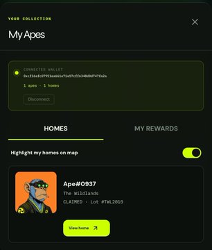 A mobile app screenshot titled 'My Apes' collection showing a connected wallet, with tabs for 'HOMES' and 'MY REWARDS' and a highlighted 'Ape#0937' from 'The Wildlands' collection.