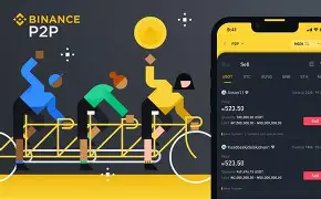 A Binance P2P advertisement illustration showing stylized figures on a yellow bicycle alongside a smartphone displaying trade details.