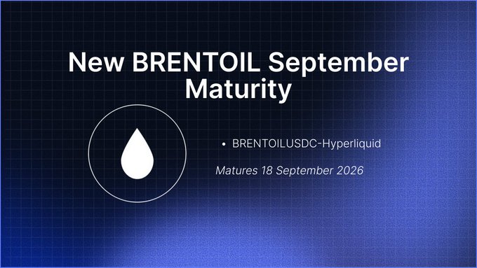 A slide titled 'New BRENTOIL September Maturity' shows an oil droplet icon with text 'BRENTOILUSDC-Hyperliquid' and 'Matures 18 September 2026'.