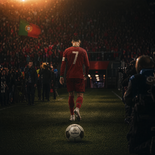 A lone soccer player wearing a red jersey with the number 7 walks toward a soccer ball on the pitch, with a crowd and Portuguese flag visible in the background. The image's number 7 jersey and stadium atmosphere echo the post's mention of the World Cup quarterfinals and the eight remaining teams, including Portugal's star Cristiano Ronaldo, as anticipation builds for the next round.