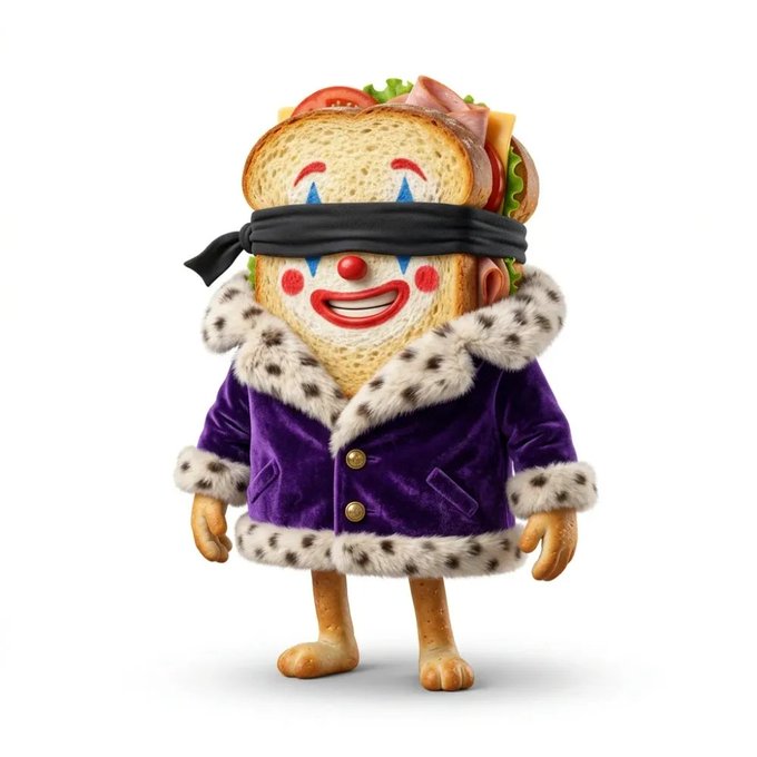The image features a cartoon character dressed as a sandwich, complete with a tie made of bread and a black bandana covering its eyes. The character appears to be wearing a purple coat and has a big smile on its face. The caption below the image reads "I minted and bought some brainrot from @nuclearsamurai today - Verse experience wasn't amazing ngl But I’m really hyped by the collection and the mechanics behind it Live for only a few hours and already almost 20 ETH volume".