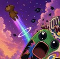 The image features a cartoon bear with an open mouth, surrounded by a colorful scene of stars and planets against a purple sky. The bear appears to be flying through space or jumping off a cliff, depending on its position within the frame. In the background, there are several other figures that seem to be part of this fantastical world. The caption at the bottom of the image reads "My entry @berberbersol Episode 2: 
I will continue this Bullish $BER in @solana".