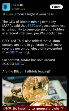 The image is a BSCN News social media post discussing Bitcoin's biggest weakness, quoting MARA CEO Fred Thiel's statement that Bitcoin's inability to generate yield makes it less attractive to holders compared to AI data centers, noting MARA sold around 20,000 $BTC.