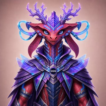 A detailed digital illustration of a fantastical creature with purple crystalline antlers and armor, glowing blue eyes, and a small "DOG" badge on its chest.