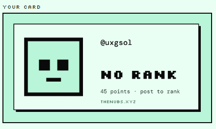 A digital card displays the username "@uxgsol" with a pixelated teal face avatar, showing "NO RANK" and "45 points · post to rank" on the platform THENUBS.XYZ.