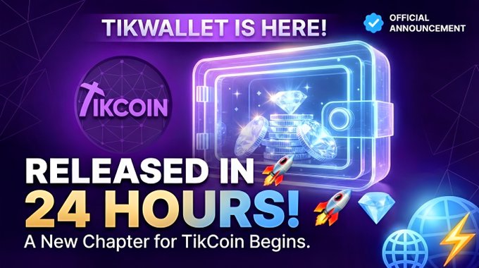 The image is a vibrant promotional graphic announcing "TIKWALLET IS HERE!" with text declaring "RELEASED IN 24 HOURS!" and "A New Chapter for TikCoin Begins," featuring the TikCoin logo alongside an illustration of a glowing digital wallet containing coins and diamonds. It serves as a teaser for the upcoming TikCoin wallet release, complementing the post's announcement about KYC initiation and upcoming listings for the token with a 3.33B total supply.
