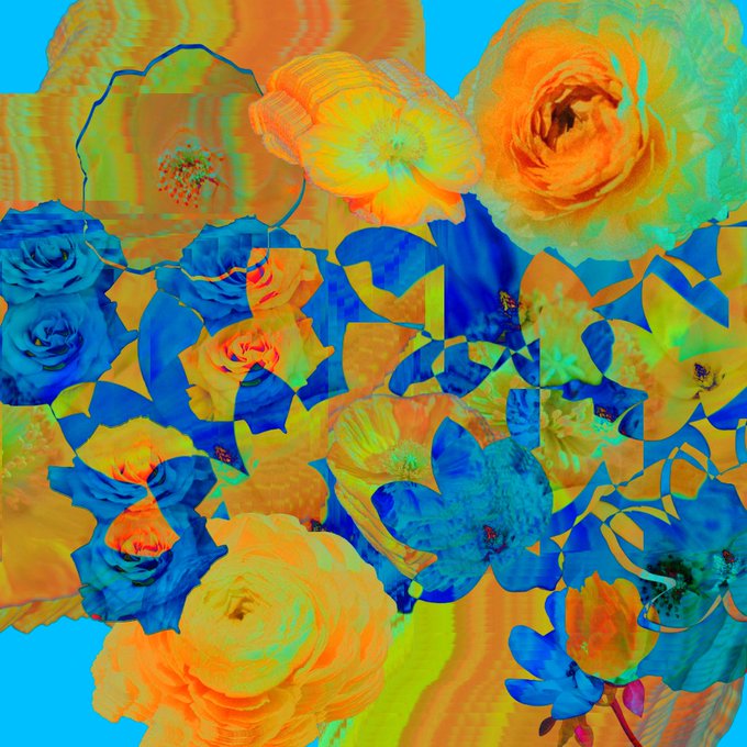A psychedelic digital artwork featuring overlapping flowers (resembling roses) in vibrant, contrasting orange and blue colors with a mirrored, kaleidoscopic effect.