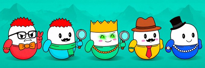 An illustration of five cartoonish, egg-shaped characters lined up against a teal background with silhouettes of mountains; they are dressed in various costumes including a red suit with glasses, a mustache, a green princess gown, a yellow shirt with tie, and a blue outfit with a top hat.