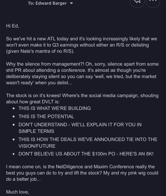 Screenshot of an email to 'Edward Barger' complaining about a stock hitting a new ATL, criticizing management's silence, and listing suggested social media campaign messaging for DVLT stock, signed 'Much love.'