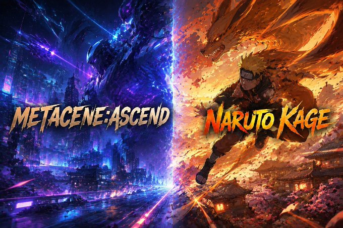 A promotional split-screen graphic advertises "MetaCene: Ascend" on the left with a futuristic neon cityscape and towering mech, alongside "Naruto Kage" on the right featuring an action shot of Naruto amid fiery explosions, promoting both games' launches and pre-registration as mentioned in the post.