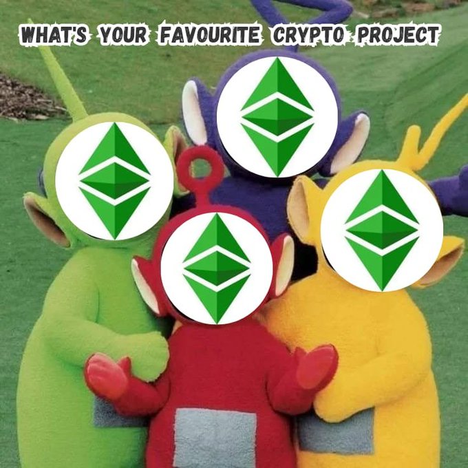 Four Teletubbies with Ethereum Classic (ETC) logos superimposed over their faces stand together on a grassy hill beneath the text "WHAT'S YOUR FAVOURITE CRYPTO PROJECT," humorously illustrating the post's claim that everyone ends up picking the same favorite project. The meme playfully suggests ETC is the unanimous choice in the crypto community.