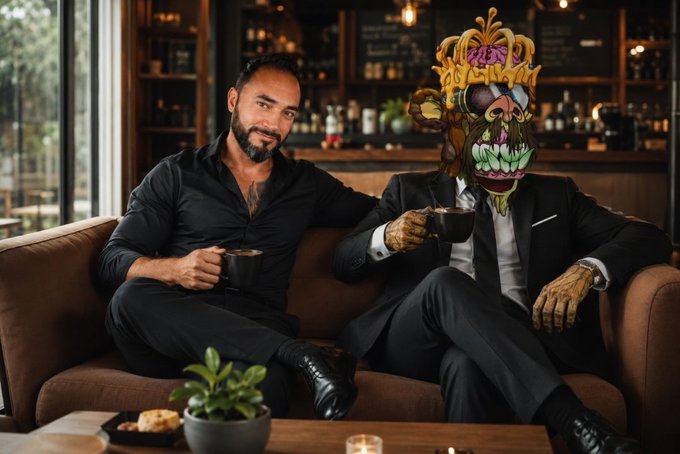 Two well-dressed men sit on a brown leather couch in a stylish bar setting, both holding coffee mugs—one is a bearded man in black attire, and the other wears a colorful, elaborate ape mask and suit. The whimsical, surreal scene perfectly matches the playful "GM, Happy Friyay from me and my Ape" caption, evoking a fun Friday vibe with an NFT-inspired companion.