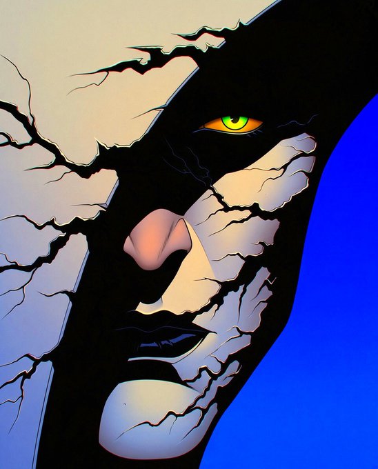Digital illustration of a face that appears to be cracking apart, revealing a glowing yellow-green eye beneath the fractured surface against a blue background.