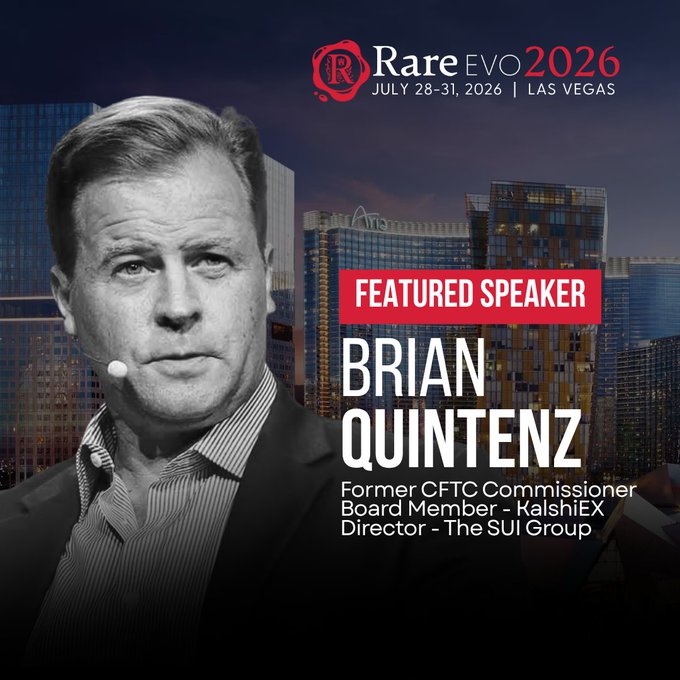 A featured speaker announcement for 'BRIAN QUINTENZ' at Rare EVO 2026 in Las Vegas, noting his roles as Former CFTC Commissioner, KalshiEX Board Member, and The SUI Group Director.