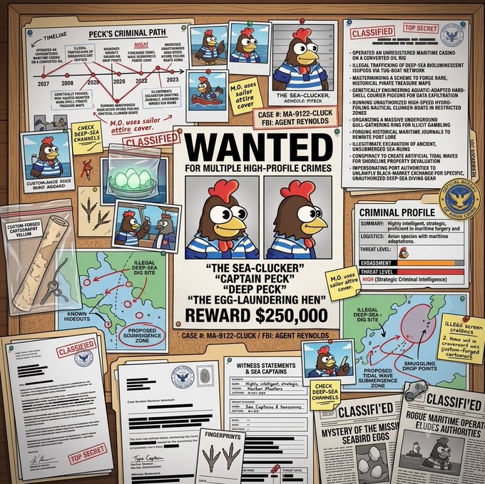 A "WANTED" bulletin board collage features a chicken cartoon character called "Captain Peck" / "Deep Peck" / "The Sea-Clucker" / "The Egg-Laundering Hen," listed as Case #MA-9122-CLUCK by FBI Agent Reynolds, offering a $250,000 reward for multiple high-profile crimes including operating an unregistered maritime casino, illegal trafficking of deep-sea bioluminescent isopods, master-minding a scheme to forge rare historical pirate treasure maps, and running unauthorized high-speed hydro-foiling nautical clunker-boats in restricted zones. The board includes a criminal path timeline (2021-2023), mugshots, classified top-secret documents, a criminal profile, evidence like customs-ferruled catostrophic vellum scrolls, and witness statements — connecting to the post's playful concept of imagining NFTs as criminal masterminds.
