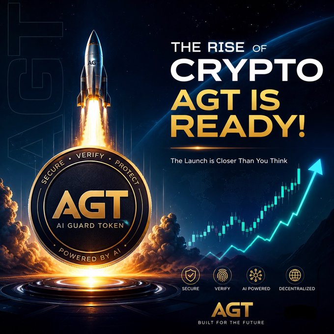 A dramatic promotional image for AGT (AI Guard Token) features a rocket launching from a golden AGT coin, accompanied by the bold text "THE RISE OF CRYPTO — AGT IS READY!" and a glowing upward-trending chart illustrating bullish market momentum. The graphic visually reinforces the accompanying post's message, symbolizing AGT's upcoming launch and readiness to capitalize on the rising crypto market.