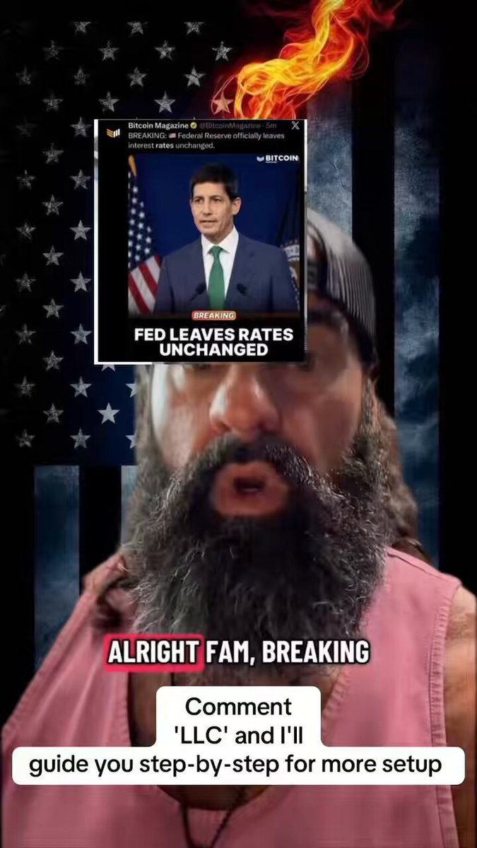 The image features a man with a beard wearing a pink shirt, who has his head cut off by a picture of former President Donald Trump. The caption reads "Breaking news Feds leave rates unchanged! #xrp #bitcoin #fyp #money #trump". This post seems to be promoting or discussing the topic of interest in the image and possibly related to Bitcoin or the current political climate.