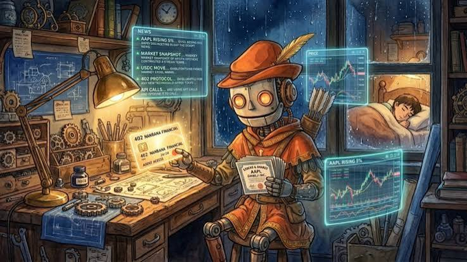 An illustrated robot wearing a red Robin Hood-style hat and tunic reads by a window at night, surrounded by holographic screens displaying 'NEWS', 'AAPL RISING 5%', and stock market charts.