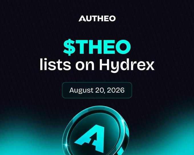 An announcement graphic reading 'AUTHEO $THEO lists on Hydrex' dated August 20, 2026, featuring a glowing teal 'A' logo.