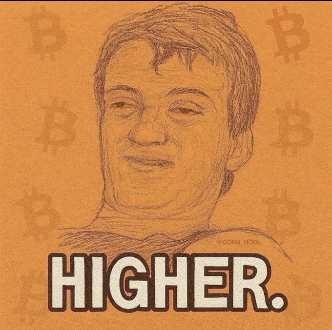 An illustrated portrait on an orange background featuring Bitcoin logos, with the word 'HIGHER.' displayed in large white letters at the bottom, credited to 'CORN HOOL'.