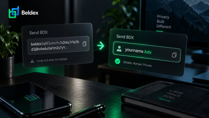 A Beldex advertisement illustrating the transition from a long, complex wallet address 'beldex1q8f324m9v0t2h6x7r9p5kd3j8n4w6c0e1m2s7y9...' to a simpler 'yourname.bdx' format.