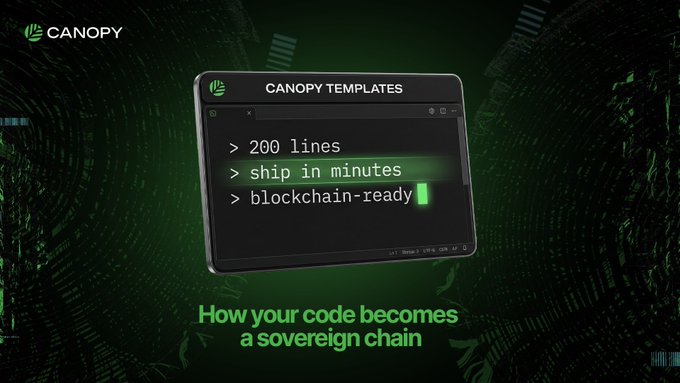 A promotional graphic for 'Canopy Templates' featuring a dark green code editor window with text '> 200 lines, > ship in minutes, > blockchain-ready' and the tagline 'How your code becomes a sovereign chain.'