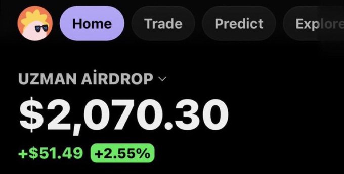 The image shows a portfolio dashboard displaying a "UZMAN AIRDROP" with a balance of $2,070.30, up +$51.49 (+2.55%), suggesting recent gains that could fund participation in the Solana giveaway shown in the tweet.