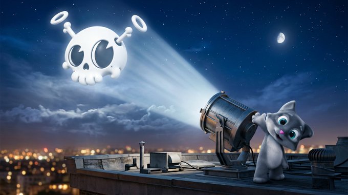 A 3D animated scene of a gray cat operating a large spotlight on a rooftop at night, with the beam illuminating a skull-shaped cloud with halos in the sky above a city.