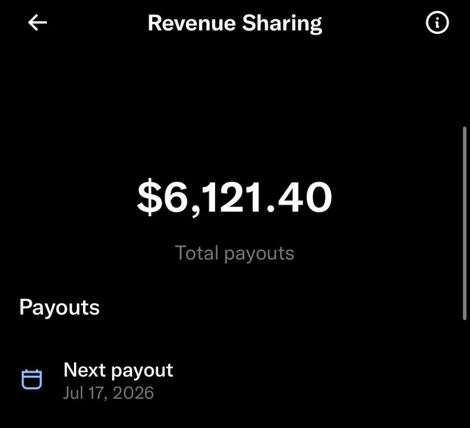 A "Revenue Sharing" dashboard showing total payouts of $6,121.40, with a next payout scheduled for July 17, 2026. The image illustrates the poster's wish for a nice X (Twitter) revenue share payout to greet them in the morning.
