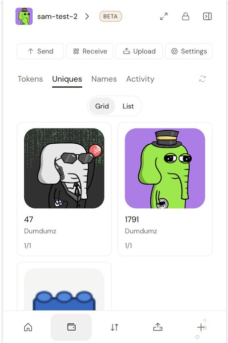 A mobile app screenshot of a wallet interface for 'sam-test-2' (marked BETA) displaying the 'Uniques' tab with a Grid view, showing NFT items including 'Dumdumz' token #47 and #1791.