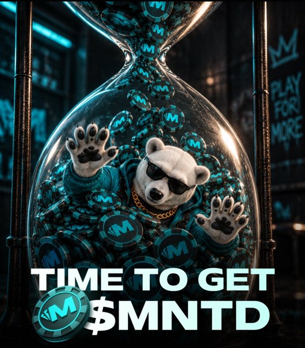 A promotional crypto image featuring a bear in sunglasses inside an hourglass filled with 'M' tokens, with text reading 'TIME TO GET $MNTD' and 'PLAY FOR MORE'.