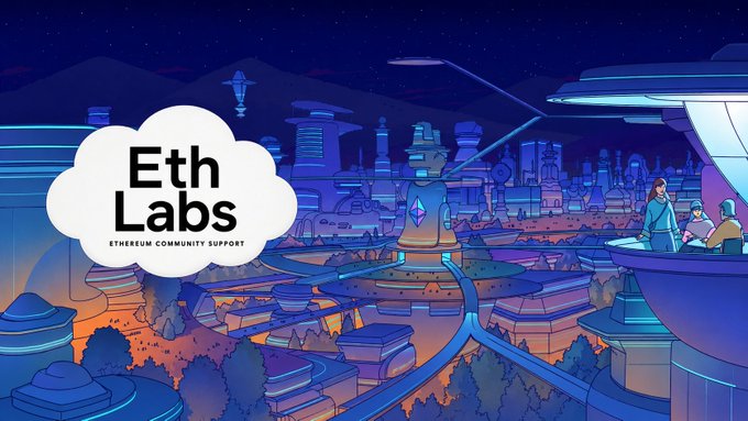 A futuristic cityscape illustration features the "Eth Labs" logo (Ethereum Community Support) in a cloud-shaped graphic, with figures overlooking a sprawling neon-lit metropolis—visually representing the growth and rising prominence of the Ethereum community referenced in the post.