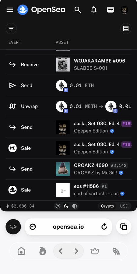 A mobile screenshot of OpenSea showing an asset transaction history with various NFT transfers, sends, and sales including WOJAKARAMBE, ETH, WETH, Opepen Edition, CROAKZ, and eos #115586.