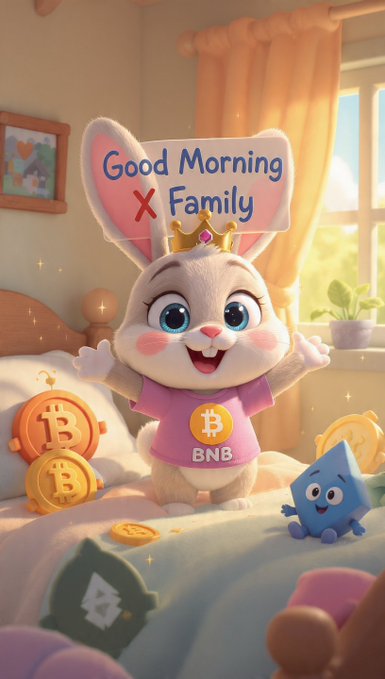 A digital illustration shows a cartoon bunny wearing a 'BNB' shirt and crown, surrounded by Bitcoin and cryptocurrency symbols, with a 'Good Morning Family' sign.