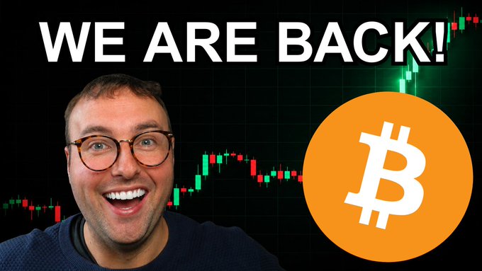 A YouTube-style thumbnail featuring a smiling man with glasses, bold text 'WE ARE BACK!', and a large orange Bitcoin logo over a candlestick chart.