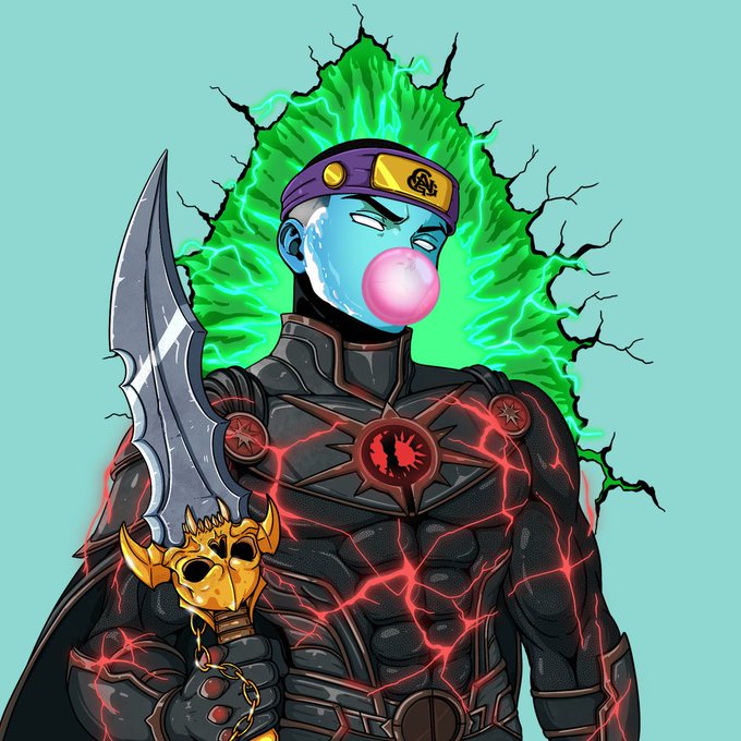 A digital illustration of a blue-skinned anime character blowing a pink bubblegum bubble, wearing a purple ninja headband, black armor with glowing red cracks, and holding a sword with a golden skull hilt against a teal background.